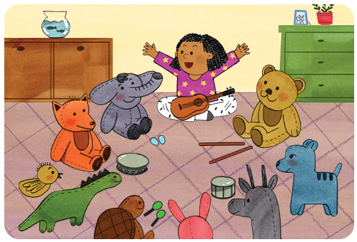 Mix It Up Song Illustration Girl Sitting in Circle with Stuffed Animals and Instruments on Floor