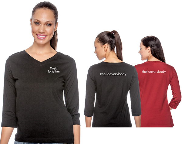 Woman showing front of black LAT t-shirt and two women showing back of red and black t-shirts